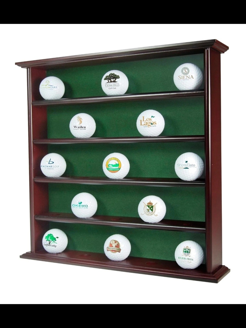 Cherry Wood Golf Ball Display Case Cabinet Wall Rack Green Felt